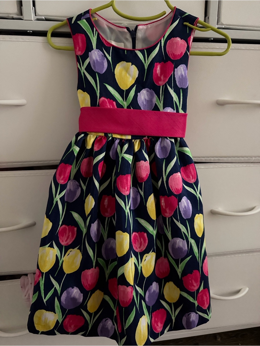 American Princess Navy Tulip Print Dress with Pink Sash